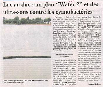 Les infos du Pays de Ploërmel, 8-14 novembre 2017 : Lac au Duc, un plan Water 2 et des ultrea-sons contre les cyanobactéries