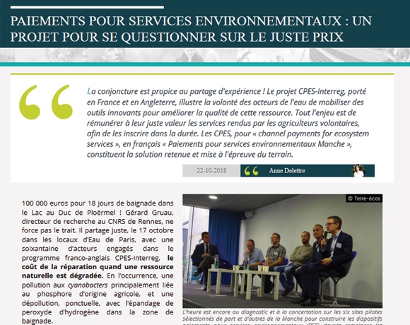Référence-Environnement, 22 octobre 2018 : Paiements pour services environnementaux : un projet pour se questionner sur le juste prix